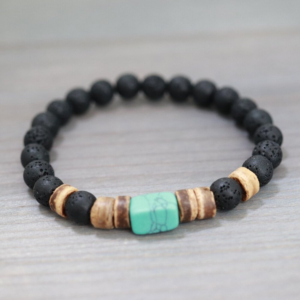 Turquoise Square Gemstone with Black Round Lava Beads Adjustable Bracelet - Picture 2 of 2